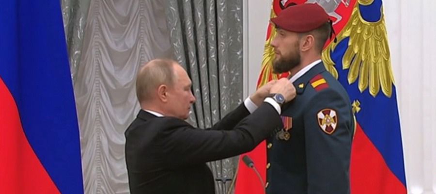 THE PRESIDENT OF RUSSIA VLADIMIR PUTIN PRESENTED A STATE AWARD TO A SERVICEMAN OF THE ROSGUARD SPECIAL FORCES UNIT